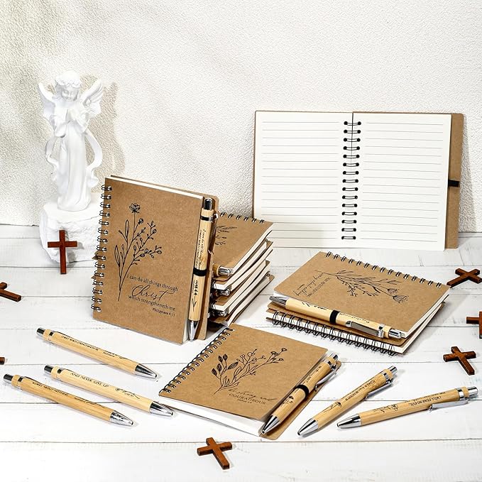 40 Pcs Bible Verse Spiral Notebook with Bamboo Christian Ballpoint Pens Aesthetic Religious Notepads Inspirational Journals Easter Christian Gifts for Women Men Office (Classic Style)