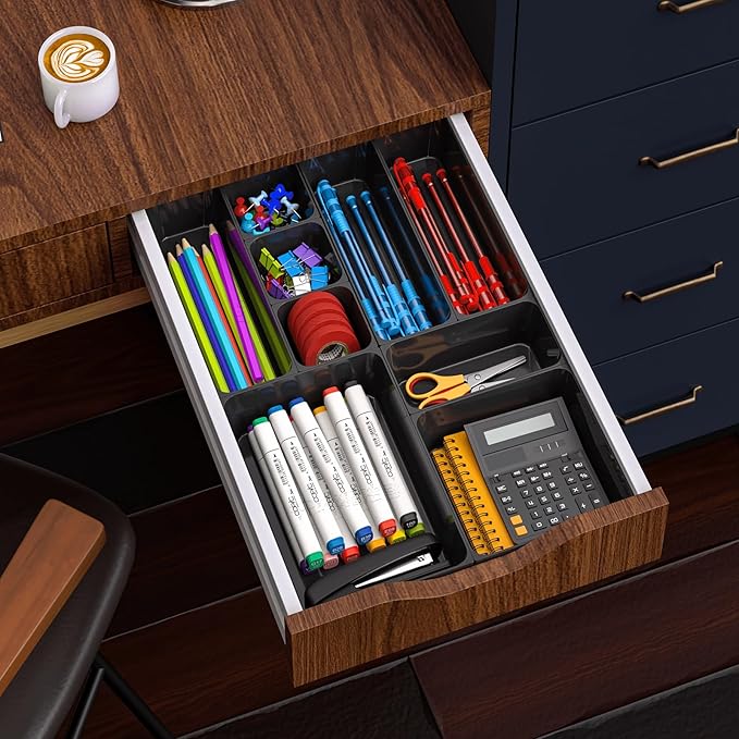 Utility Drawer Organizer Set of 13,With Non-Slip Silicone Pads, 5 Size Small Bins for Organization for Bathroom、Vanity、Nightstan、Kitchen、Office Desk Black Plastic Organizing Containers for Drawers