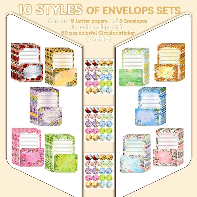 TaoBary 160 Packs Stationery Paper Set (50 Double Sided Stationery Writing Papers 50 Matching Envelopes) 60 Round Dot Sticker, 10 Design(Flower,5.5 x 8.25 Inch)