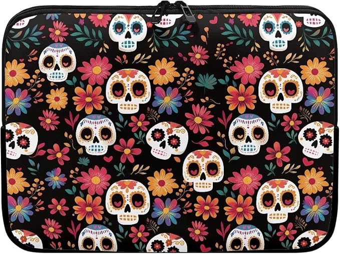 Skull Printed Computer Carrying Cover with Floral Print Laptop Case Bag Easy to Carry Computer Bag, 10 Inch Lightweight Laptop Briefcase Messenger Bag for Women
