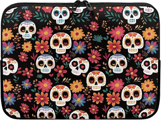 Skull Printed Computer Carrying Cover with Floral Print Laptop Case Bag Easy to Carry Computer Bag, 10 Inch Lightweight Laptop Briefcase Messenger Bag for Women
