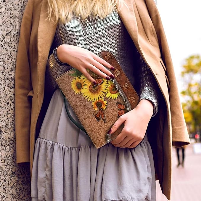 Lotusorchid Butterfly Bible Bags, Sunflower Faux Leather Bible Covers with Handle Pockets for Women, Portable Sturdy Bible Bag for Girls Ages 8-12, Christian Bible Study Accessories, Brown,XL