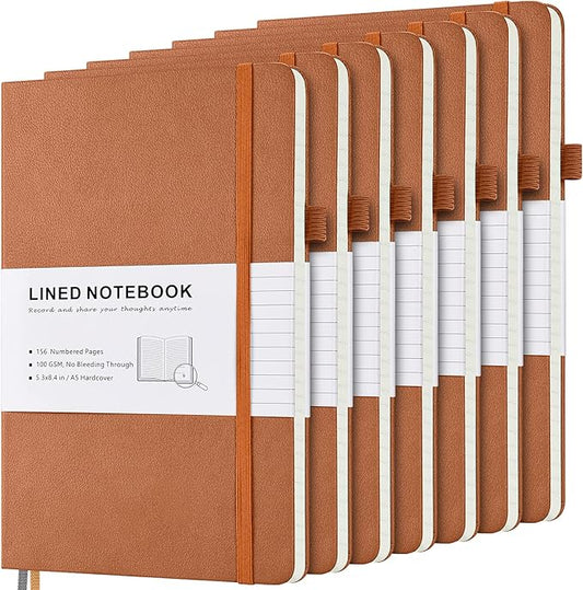 MALEDEN 7 Pack Lined Journal Notebook, Hardcover PU Leather Notebook for Men Women, 100 GSM Thick Numbered Pages with Index Content, Inner Pockets, Bookmarks, A5 Ruled Writing Journal Bulk (Brown)