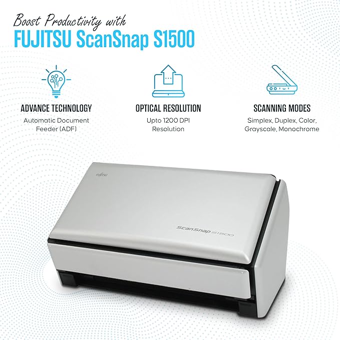 S1500 FUJITSU ScanSnap Sheet-Fed Document Used for Paper Feed Detectio - 1 Year Warranty - with Automatic Document Feeder, 24V AC Adapter, USB 2.0 Cable, Power Cord (Renewed)