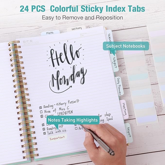 Spiral Notebook, College Ruled Notebook, 8" x 10", 300 Pages Leather Journals for Writing, B5 Hardcover Journaling Notebooks for Work School, 24pcs Tabs, Large Embossed Journal for Women Men, Teal