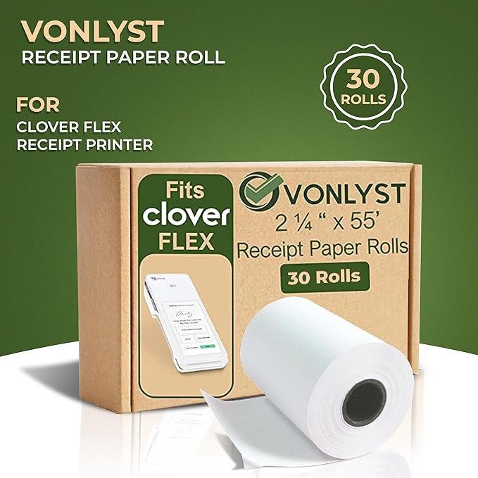 Thermal Paper Roll for Clover Flex Receipt Paper 2 1/4 x 55 (30 rolls)