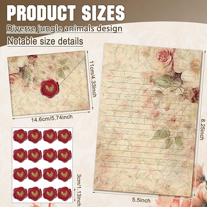 TaoBary 160 Packs Stationery Paper Set (50 Double Sided Stationery Writing Papers 50 Matching Envelopes) 60 Round Dot Sticker, 10 Design(Vintage Floral,5.5 x 8.25 Inch)