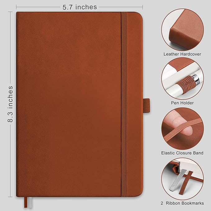 RETTACY Blank Journal Notebook, A5 Blank Journal with 192 Pages, 5.7'' × 8.3'' Medium Size, 68 LB/100 GSM Thick Paper, Leather Hardcover, for Sketching, Drawing, Painting (Brown)