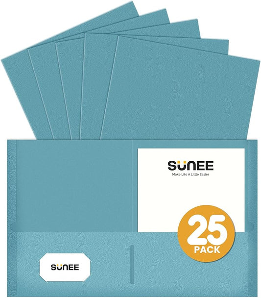 SUNEE Folders with Pockets (25 Pack, Warm Blue), 2 Pocket Folders Fit Letter Size Paper, Paper File Folder for School Office Home Business, Textured Paper