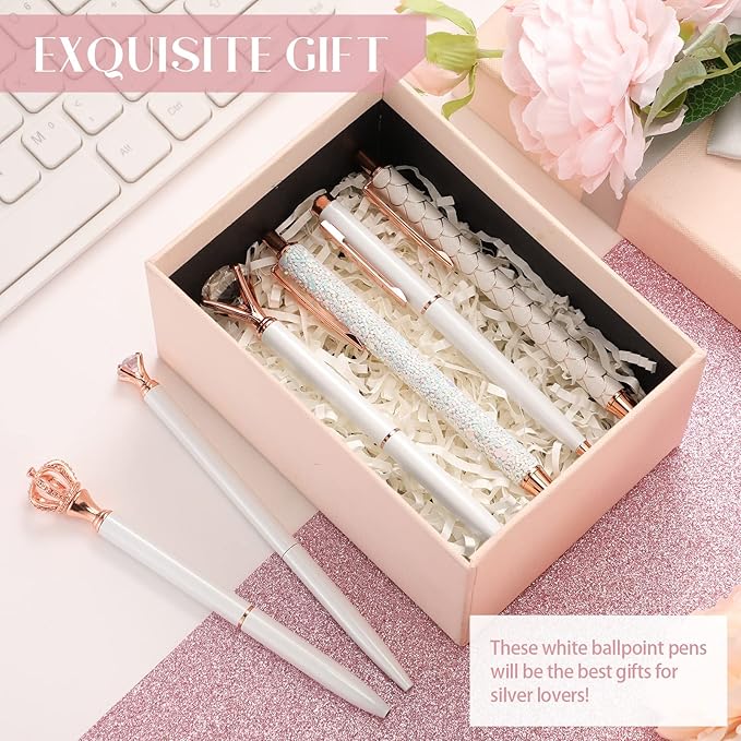 6 Pcs Ballpoint Pens Set Metal Crystal Diamond Pen for Journaling Glitter Pretty Cute Stationery Black Ink Fancy Gifts for Women Girls Teacher Office Wedding School Supplies(White)