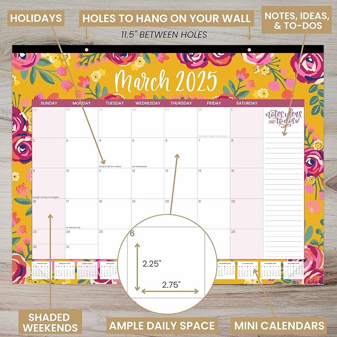 bloom daily planners 2025 Desk Calendar - 21" x 16" Large Monthly Organizer Pad with Stickers (January 2025 - December 2025) Desktop Blotter - Vintage Floral