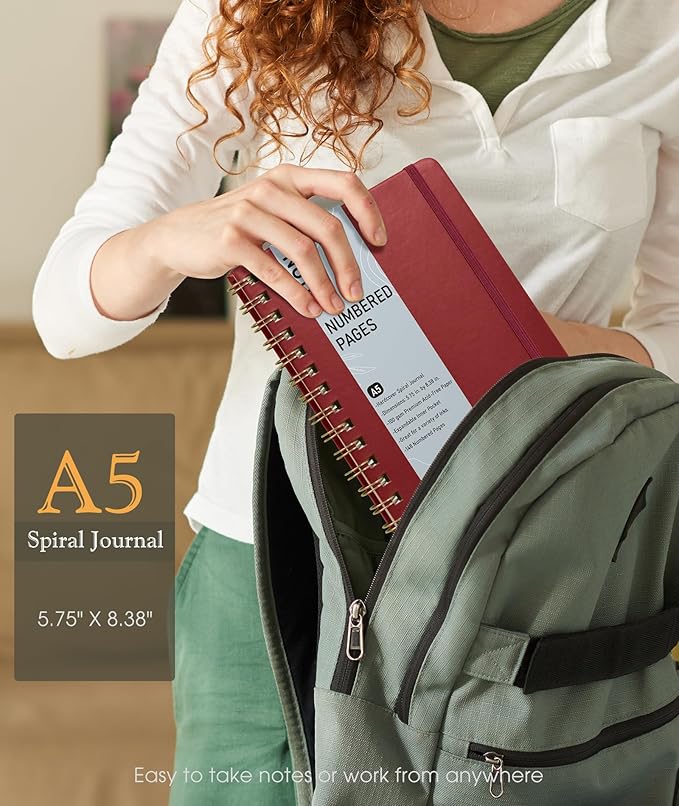 Lined Spiral Journal Notebook, A5 Hardcover Spiral Journals for Women Men, 150 Numbered Pages Spiral Bound Notebook, 100 GSM College Ruled Notebooks for Writing Note Taking 5.75" x 8.38", Wine Red