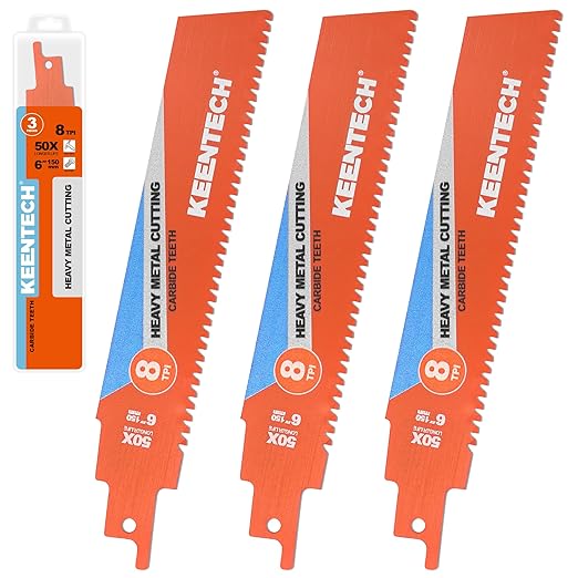 KEENTECH Carbide Sawzall Blades for Hard & Heavy Metal Cutting, 6 Inch 8 TPI, Heavy Duty Reciprocating Saw Blade with High Cutting Speed For Thick Metal, Cast Iron, Alloy Bolt, Stainless Steel, 3 Pack