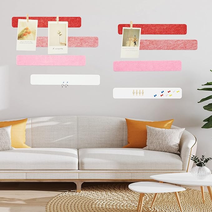 Red & White Bulletin Board Strips, 8Pcs Felt Pin Board Bar Strips with 50 Pushpins, Self-Adhesive Felt Cork Board Strips for Wall to Display Your Notes, Photos, Schedules, Announcements