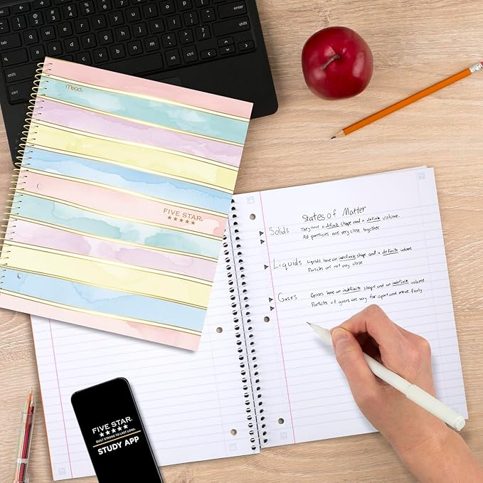 Five Star Spiral Notebook + Study App, 1 Subject, Wide Ruled, 8" x 10-1/2", 80 Sheets, Pastel Stripes (930209F-ECM)