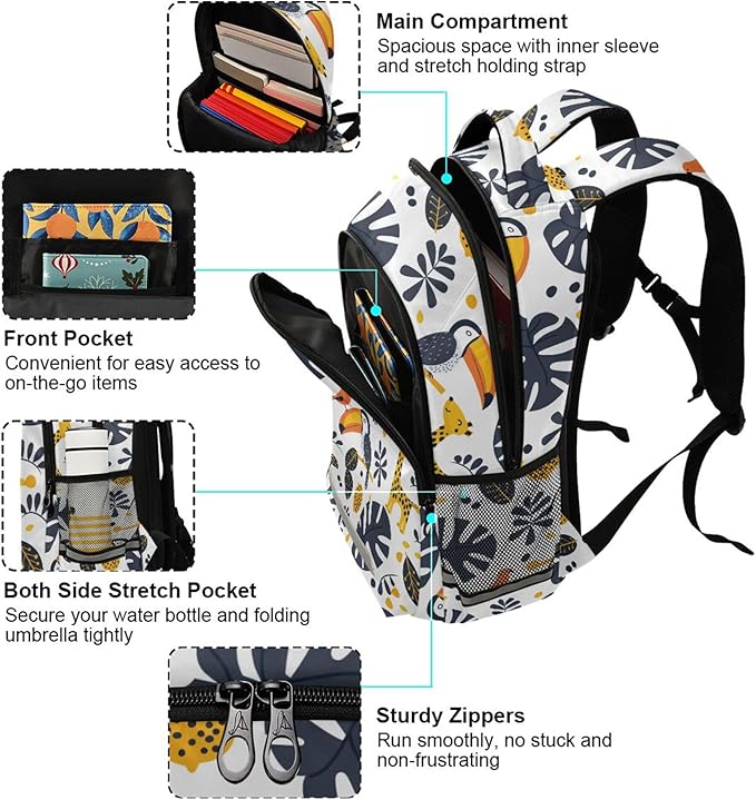 MNSRUU Laptop Backpack with Chest Strap, Toucans School Backpack, Travel Hiking Backpack for Boys Girls Teen Adult, Rucksack, Knapsack