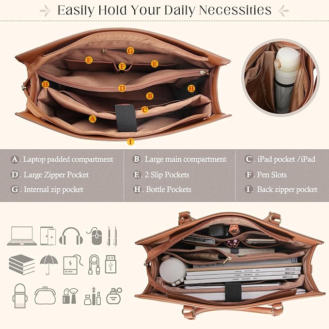 RAINSMORE Laptop Bag for Women 15.6 Inch Waterproof Leather Computer Tote Bag Professional Business Office Work Bags Briefcase Large Capacity Lightweight Women Handbag Shoulder Bag, Beige and Brown