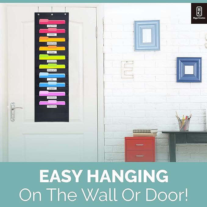 Black Pocket Chart for Classroom - 10 Pocket Storage Rainbow Pocket Charts , 3 Over Door Hangers Included, Hanging Wall File Organizer for File Folders, School Mailbox, Home/Office Papers