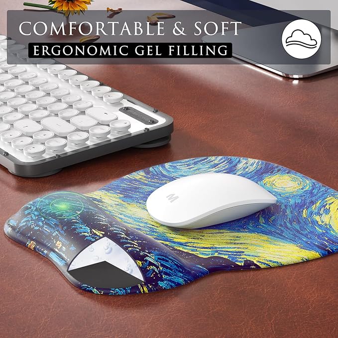 MROCO Ergonomic Mouse Pad with Gel Wrist Rest, Comfortable Mousepad with Smooth Wrist Support Surface and Non-Slip PU Base for Pain Relief, Computer, Laptop, Office & Home, 9.4 x 8.1 in, Starry Night