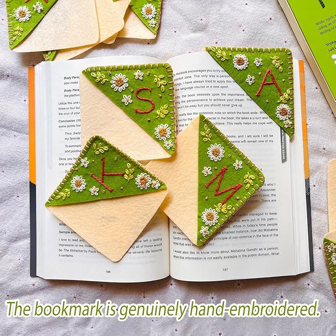Personalized Hand Embroidered Corner Bookmark, Bookmarks for Women, Personalized Bookmark for Book Lovers, Cute Flower Book Mark by HNQCPCVU (F, Green)