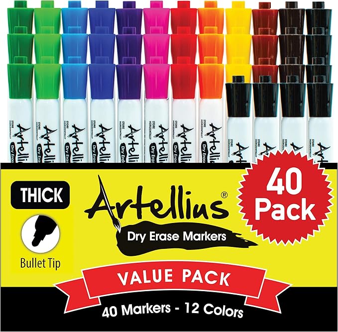 Artellius 40 Pack of Dry Erase Markers (12 ASSORTED COLORS W/ 7 EXTRA BLACK) - Thick Barrel Design - Perfect Pens For Writing on Whiteboards, Dry-Erase Boards, Mirrors, & All White Board Surfaces