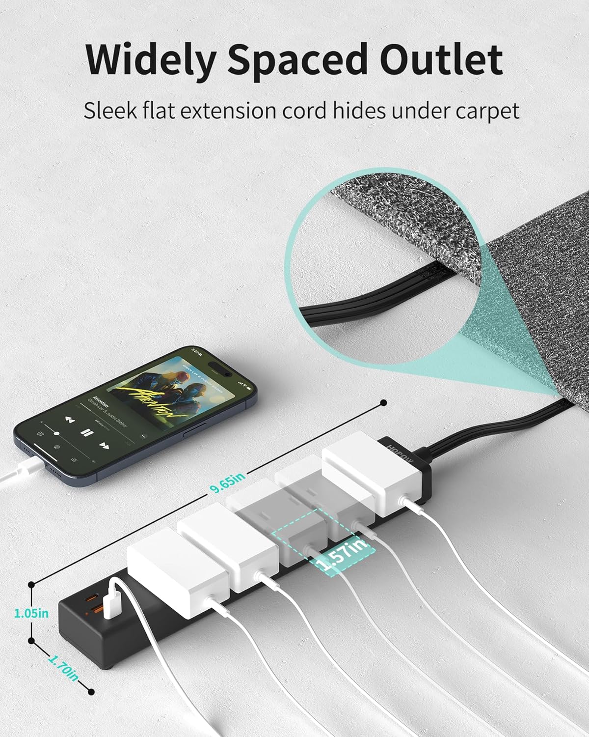 Power Strip Surge Protector, 2 Pack, 10 Ft Ultra Thin Flat Extension Cord, Surge Protector with 5 Outlets & 3 USB Ports (2 USB C), 1700 Joules, 3-Prong, Wall Mount for Home Office Dorm, Black