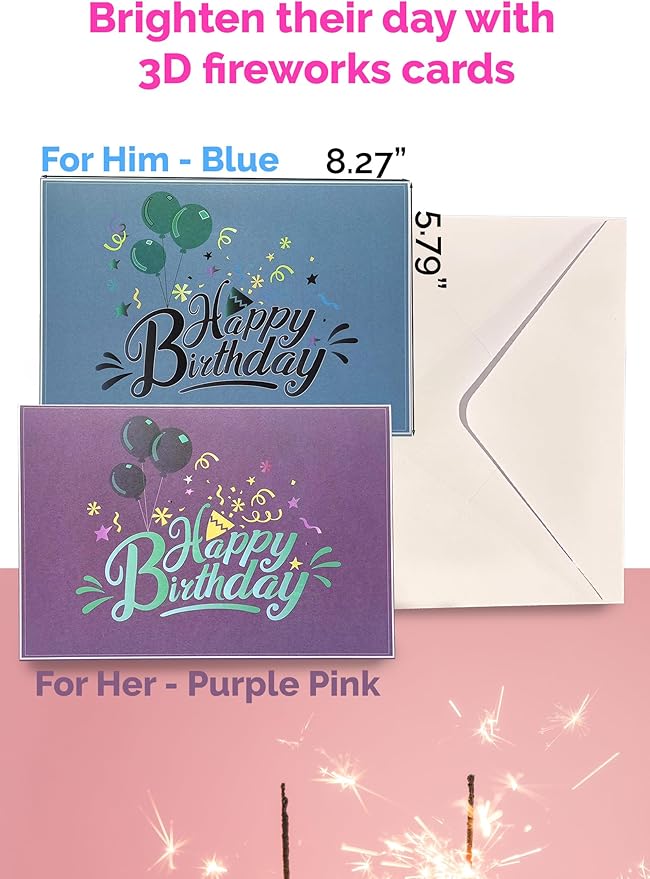 3D Pop-Up Happy Birthday Cards for Women – LED Fireworks & Music with Blow The Candle, Gold Crown, 3D Balloons, Purple & Pink Design - Happy Birthday Card for Mom, Wife or Daugther (8.27" x 5.27")
