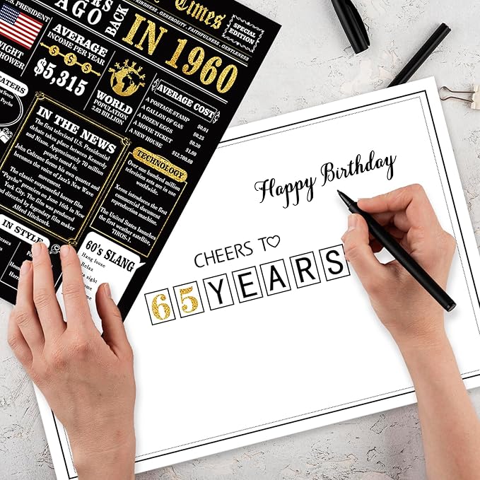 Big 65th Birthday Card for Women Men, Jumbo 65th Birthday Gift for Mom Dad, Unique 65 Year Old Bday Gifts Cards for Grandma Grandpa, Vintage Black Gold 65 Birthday Party Decoration