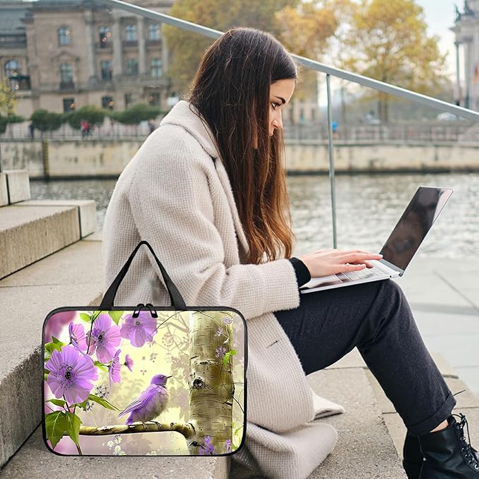 Universal Laptop Sleeve Tablet Case 12 inch, Purple Florals Hummingbird Slim Carrying Case Durable Handbag Travel Laptop Bag for Surface Pro 9 8 7/Laptop Go 2 3, MacBook Air 11/12