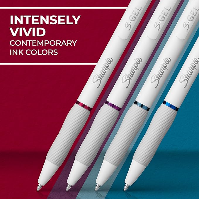 Sharpie S-Gel Pens, Pearl White Body, Medium Point (0.7mm), Gel Ink Pens for Journaling and Coloring, Bold Jewel Color Assortment, 4 Count