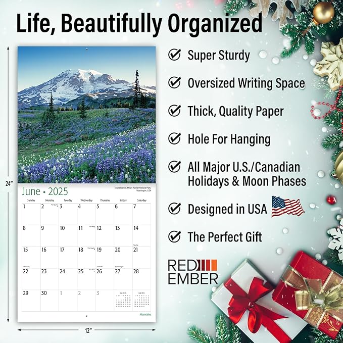 RED EMBER Mountains 2025 Wall Calendar 12 Month | 12" x 24" Open | Thick & Sturdy Paper | Giftable | Calendar 2025