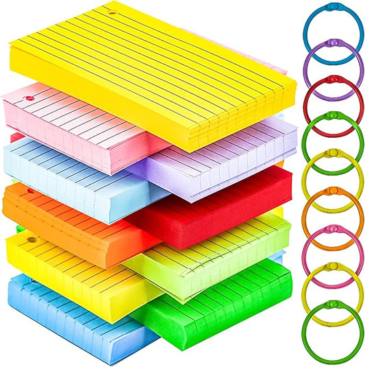 MotBach 600 Pieces Index Cards Flash Cards with Colorful Binder Rings,3" x 5", 10 Color Assorted Color Ruled Punched Memo Note Cards Lined Studying Record To Do List for Home School Office Supplies
