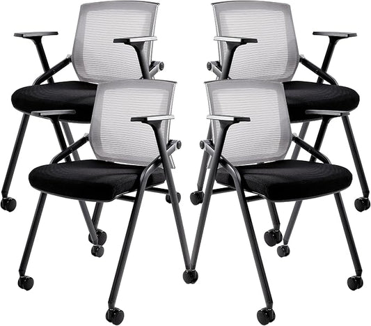 Conference Room Chairs, Folding Office Desk Chair with Lumbar Support and Sliding Armrest with Casters, Stackable Office Guest Chairs & Reception Chairs(4 Pack)