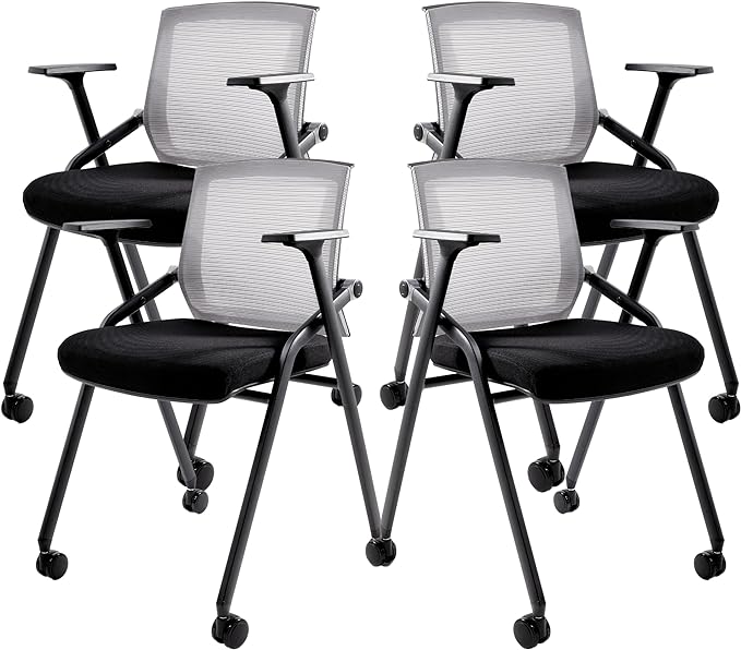 Conference Room Chairs, Folding Office Desk Chair with Lumbar Support and Sliding Armrest with Casters, Stackable Office Guest Chairs & Reception Chairs(4 Pack)