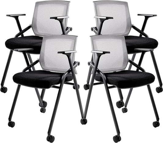 Conference Room Chairs, Folding Office Desk Chair with Lumbar Support and Sliding Armrest with Casters, Stackable Office Guest Chairs & Reception Chairs(4 Pack)