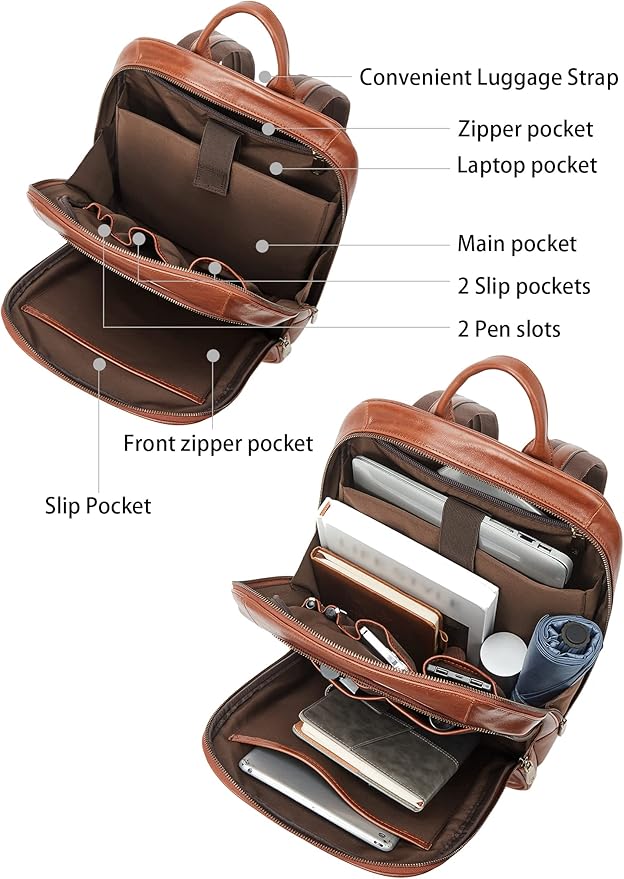 BOSTANTEN Men Leather Backpack, Vegetable Tanned Full Grain Leather 15.6 Inch Computer Backpack Business Work Daypack Vintage Travel Bags Redbrown