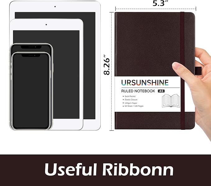 Ruled Notebook/Journal - Classic Lined Journal/Notebook, 5.3'' x 8.26'', Hardcover with Thick Paper, Banded + Pen Holder +Inner Pocket - Brown