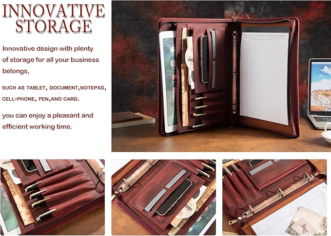 Free Engraved Name, Personalized Leather Binder Portfolio, 3 Ring Binder Business Portfolio for Women, Zippered Padfolio with A4 Clipboard, Organizer for A4 Legal Sized Notepad, Customized Gift, Red