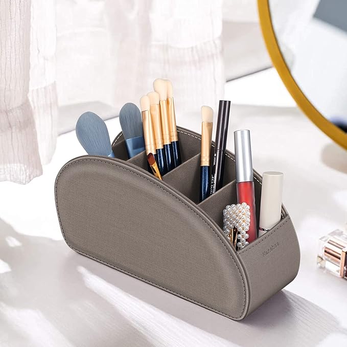 Remote Control Holder with 5 Compartments, KENOBEE Anti-slip Desktop Caddy Storage Organizer for Remote Controllers, Office Supplies, Makeup Brush, Media Accessories, Denim Coffee
