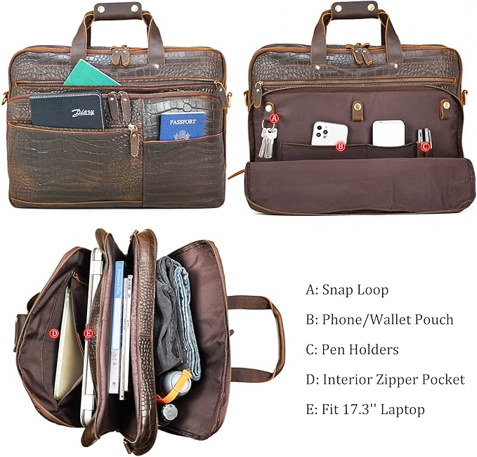 Polare X-Large 18" Full Grain Leather Briefcase For Men Business Travel Case Messenger Bag Fits 17.3" Laptop