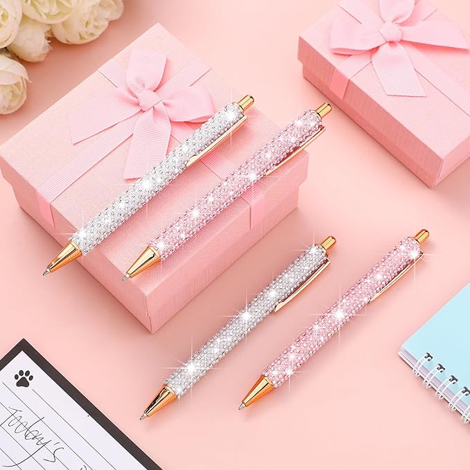 Ireer 4 Pcs Bling Rhinestone Sparkly Pens for Women Diamond Ink Crystal Glitter Metal Ballpoint Bedazzled Fancy Pens 4 Pcs 1.0mm Refills(Pink, White)
