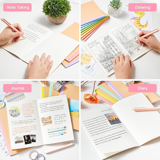 feela 16 Pack Composition Notebook Bulk, Kraft Cover Lined Blank College Ruled Travel Journals with Pastel Color Spine For Women Students Office, 60 Pages, 8.3”x 5.5”, A5, 8 Pastel Colors