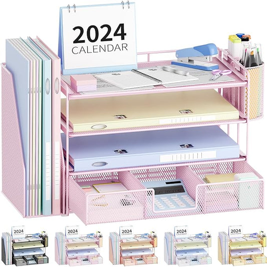 Desk Organizers and Accessories, Desk Accessories & Workspace Organizers for Office Supplies, File Organizer Desk Drawer Organizer with 2 Pen Holders, 4 Tier Paper Organizer for Desk(Pink)