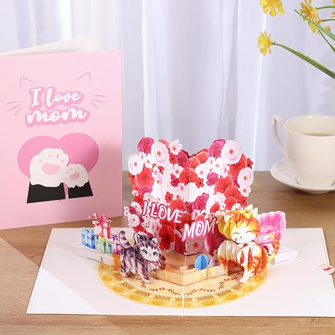 I Love You Mom Pop Up Valentines Day Card, Happy Birthday Pop Up Card For Mom, 3D Cat Mom & Floral Heart Shaped, Mother’s Day Love Card, Ideal Gift for Mom, Mother, Godmother, Stepmom, Mother In Law