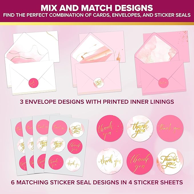 Decorably 24 Pack Gold-Foiled 6x4in Pink Thank You Cards with Envelopes and Stickers, 6 Elegant Designs Pink Blank Cards and Envelopes, Blank Inside - Wedding, Baby Shower, Birthday