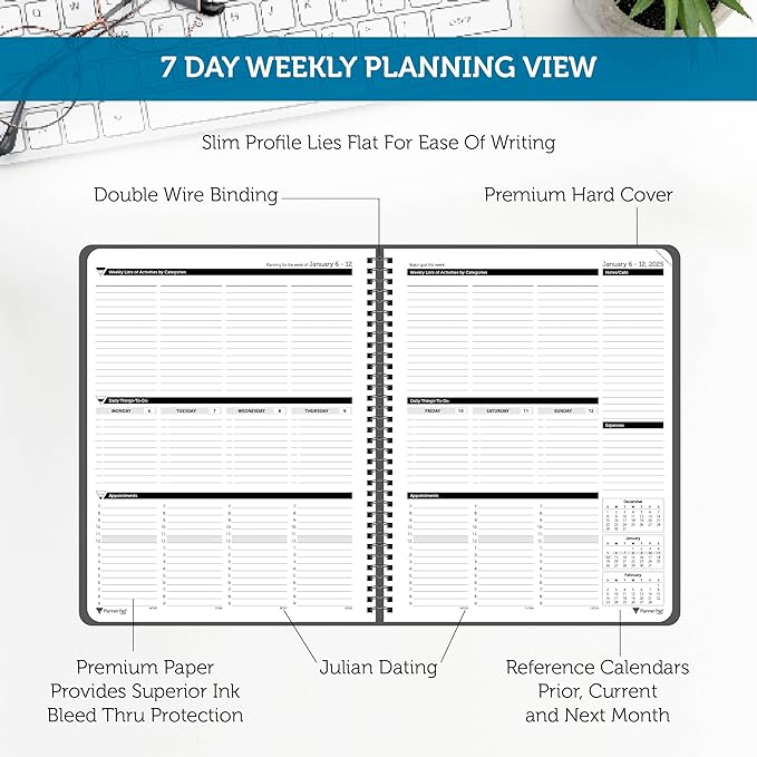 Planner Pad Spiral Bound January-December 2025/ Calendar Year 8 1/2" x 11" Large 3-Tier Funnel Down 12 Month Organizer, Black Cover/Black Ink