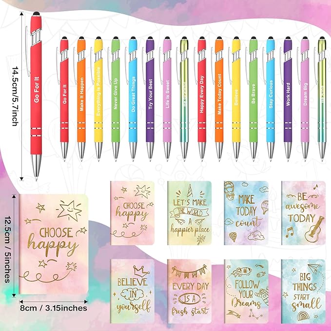 Funrous 32 Pcs Motivational Quote Pens Inspirational Notepads Mini Journal with Ballpoint Pen Small Notebooks Gift Set for Men Women Coworkers, Adult Party Favors Prizes Gift Bulk(Watercolor)