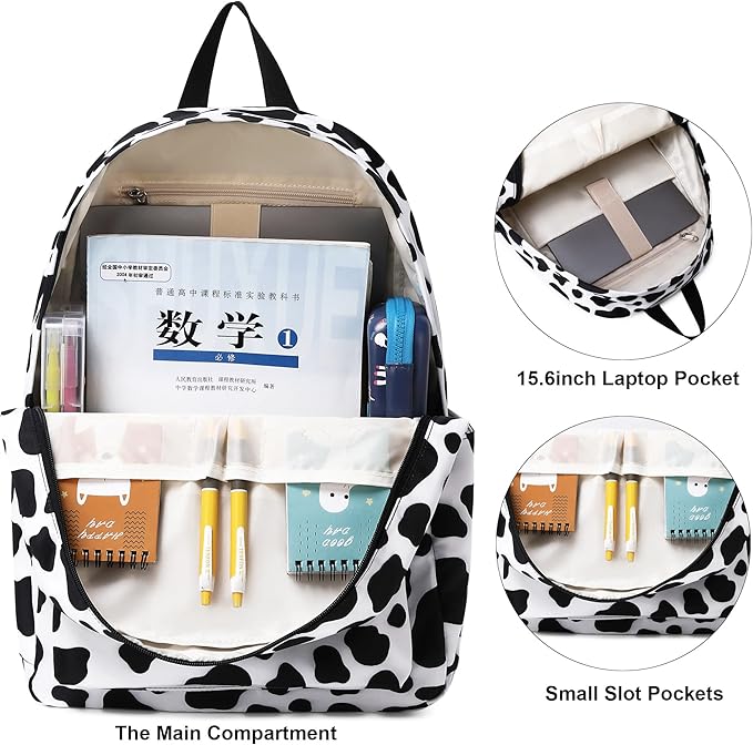 Cow Print School Backpack for Teens Girls, Womens College Bookbags Kids School Bags Laptop Backpacks