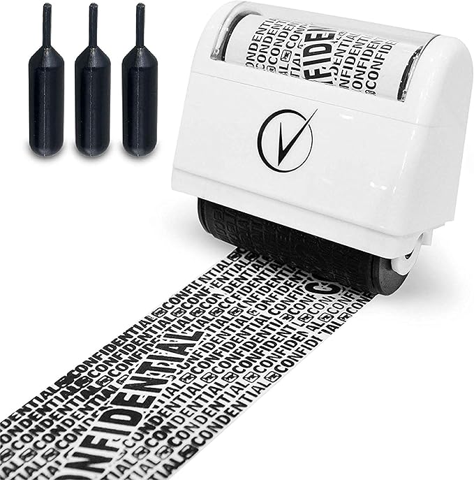 Identity Theft Protection Roller Stamps Wide Kit - Confidential Roller Stamp, Anti Theft, Privacy & Security Stamp, Designed for ID Blackout Security - Classy White with 3 Refills