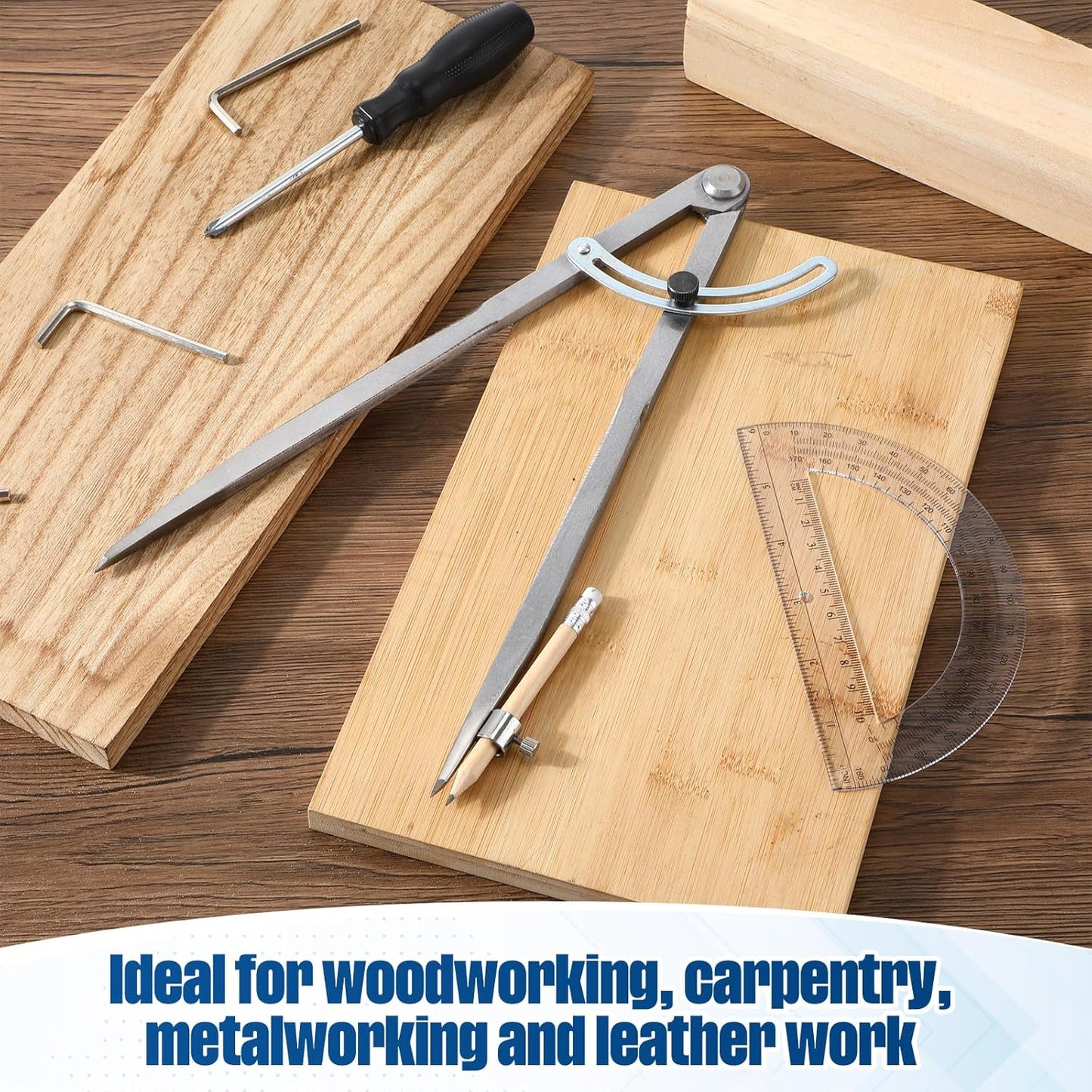 Zonon Professional 12 Inch Large Compass with Wing for Woodworking and 6 Inch Protractor Set, Pencil Compass for Geometry Math Carpenter, Drafting, Drawing Tool